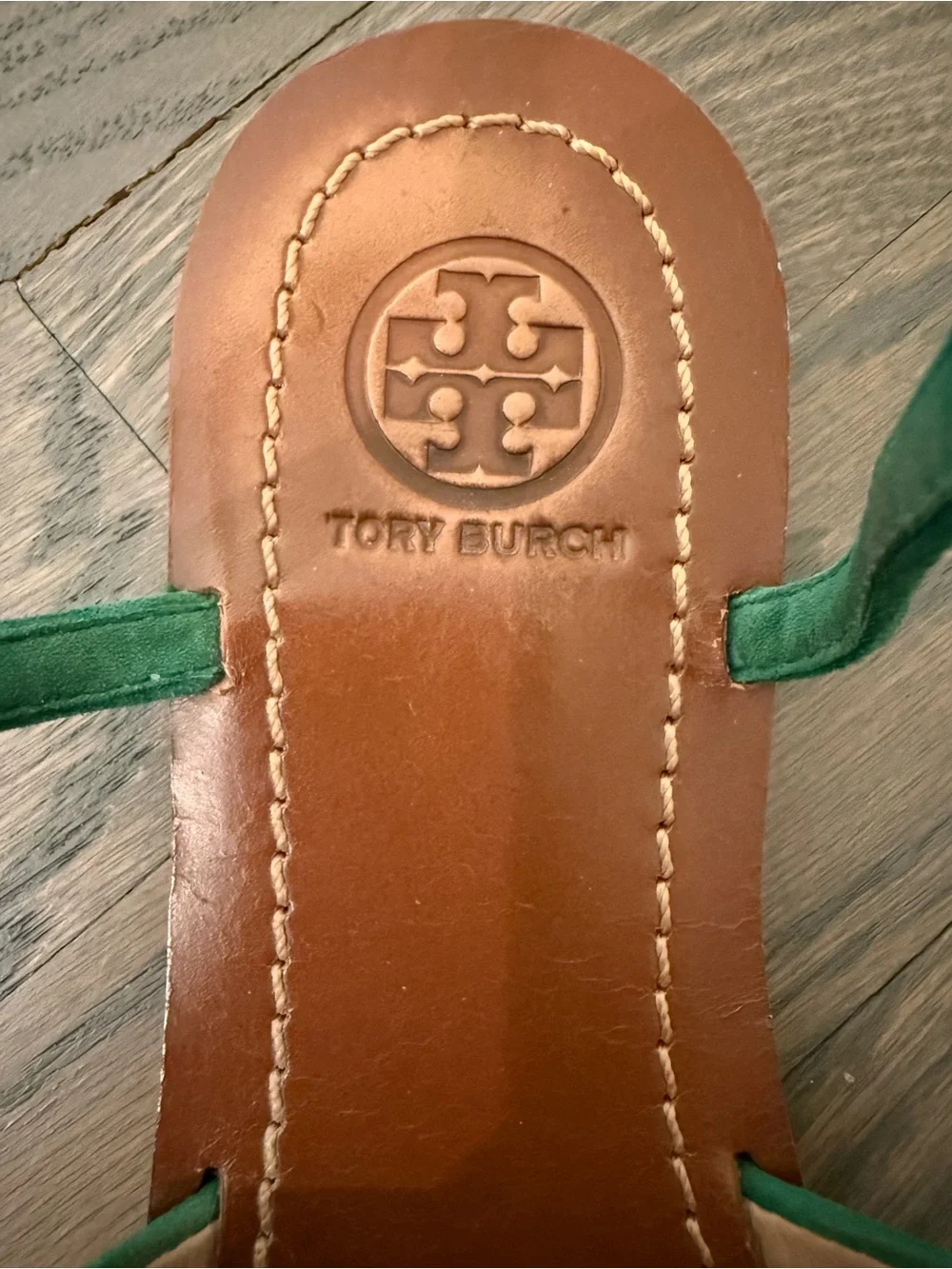 Tory Burch Green & Teal Suede T-Strap Sandals with Gold Logo